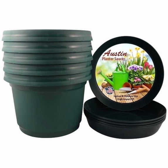 Austin Planter 12 inch Flower Pot with Saucer Hunter Green Colored Polypropylene (5 Pack) Made in USA