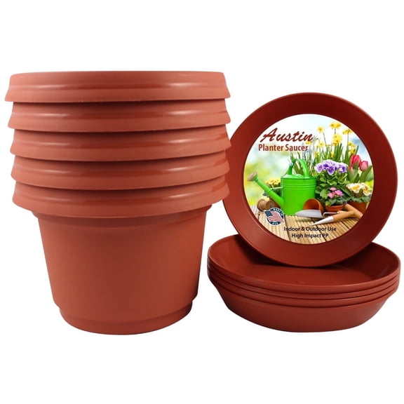 Austin Planter 7 Inch Flower Pot with Saucer Terra Cotta Colored Polypropylene (5 Pack) Made in USA