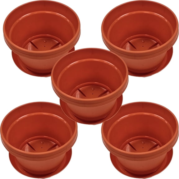 Austin Planter 9 Inch Flower Pot with Saucer Fire Orange Colored Polypropylene (5 Pack) Made in USA