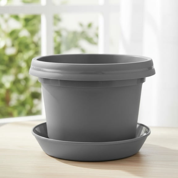 Austin Planter 9 Inch Flower Pot with Saucer Gray Colored Polypropylene (5 pack) Made in USA