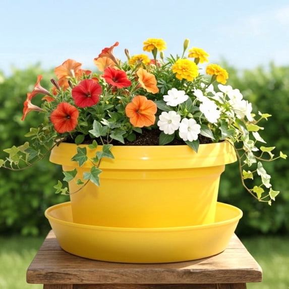 Austin Flower Pots with Saucers, 9 Inch Yellow, Pack of 5, Plastic Planter for Seedlings and Nursery, Colorful with Saucer