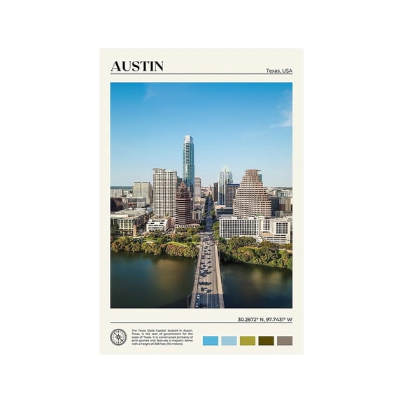 Austin Poster Classic Urban Landmark Poster Wall Art Poster Decorative Cityscape Landscape Art Prints, Home Decor Wall Art Print for Bedroom Living Room Kitchen Decorations