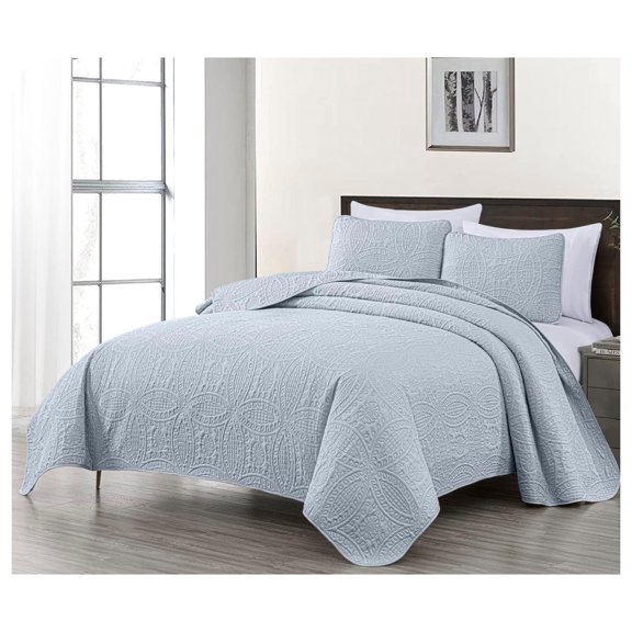 Austin Queen Bedspread Set 3-Piece Pinsonic Quilted Oversized Bedspread Coverlet Set, Queen, Silver