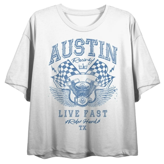 Austin Racing Live Fast. Ride Harder Women's White Graphic Crop Tee-Medium