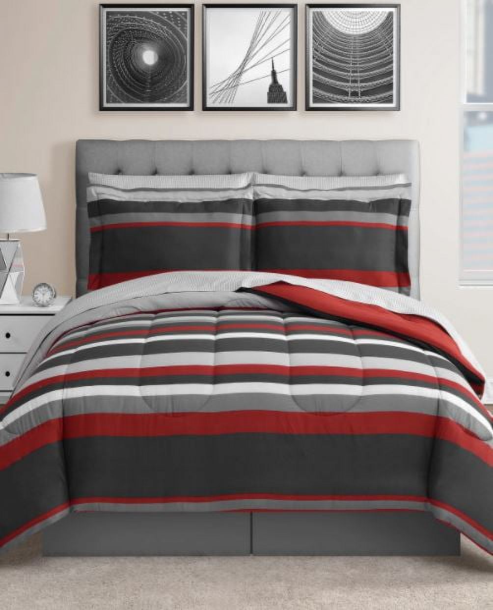 Austin Stripe/Solid Reversible 8 Pc. Comforter Set, Exclusively at Macys Color: Red Size: Queen