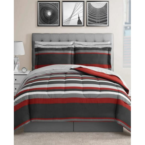 Austin Stripe/Solid Reversible 8 Pc. Comforter Set, Exclusively at Macys Color: Red Size: Queen