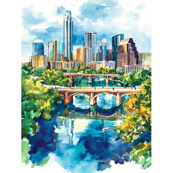 Austin Skyline Watercolor Canvas Wall Art Perfect for Living Room Bedroom Office Bathroom and Kitchen Decoration.