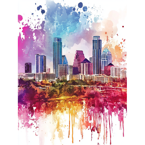 Austin Skyline Watercolor Painting/Canvas Art Suitable for Living Room Bedroom Office Bathroom and Kitchen Decoration