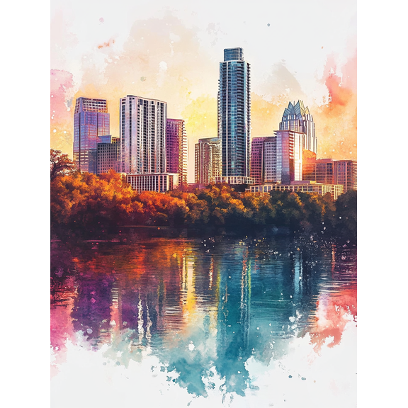 Austin Skyline Watercolor Painting/Canvas Art Suitable for Living Room Bedroom Office Hotel and Gallery Wall Decor