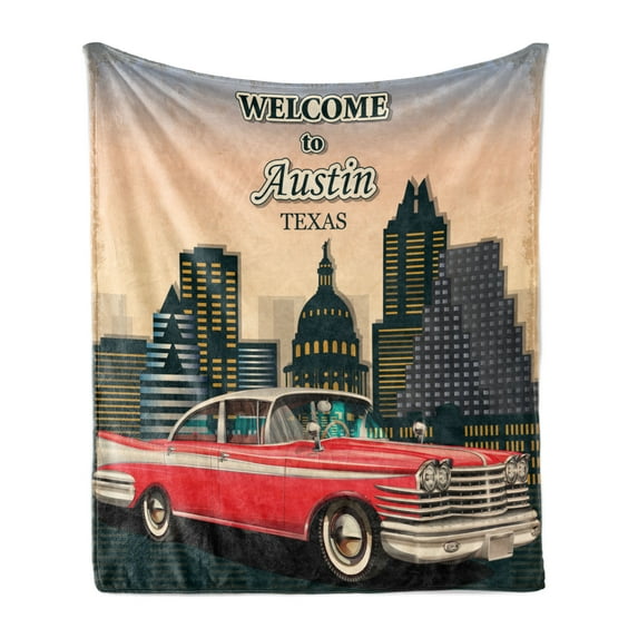 Austin Soft Flannel Fleece Blanket, Retro Grungy Classical Red American Car and City Landmarks Welcome to Texas Greeting, Cozy Plush for Indoor and Outdoor Use, 60" x 80", Multicolor, by Ambesonne