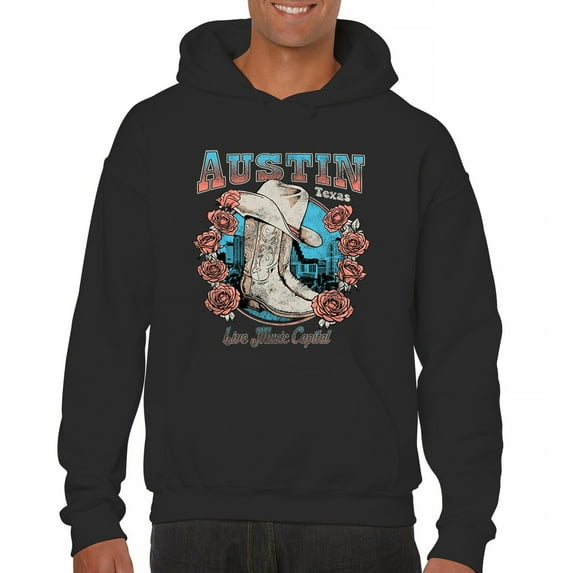 Austin TX Live Music Capital Unisex Hoodie Country Cowgirl Boots and Hat