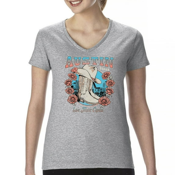 Austin TX Live Music Capital Women's V-Neck T-shirt Country Cowgirl Boots and Hat