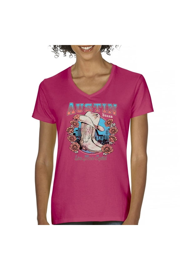 Austin TX Live Music Capital Women's V-Neck T-shirt Country Cowgirl Boots and Hat