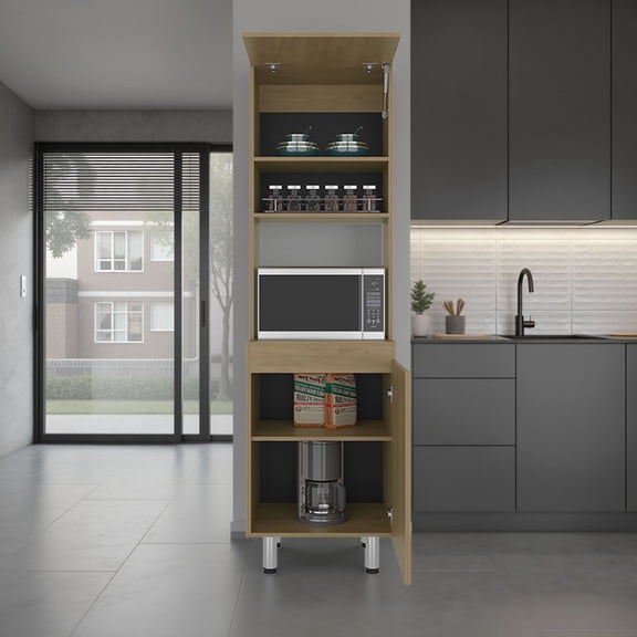 Austin Tall Freestanding Kitchen Pantry and Cabinet with Open Space for Microwaves or Coffee Station, One Superior Cabinet, One Low Storage Cabinet and Open Shelf