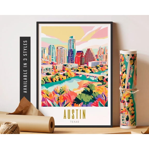 Austin Texas Art Poster Travel City Wall Art Colorful City Travel Poster Austin Skyline Art Austin Tx Gift Cute Wall Decor Home Decor, 8x12 UNFRAMED