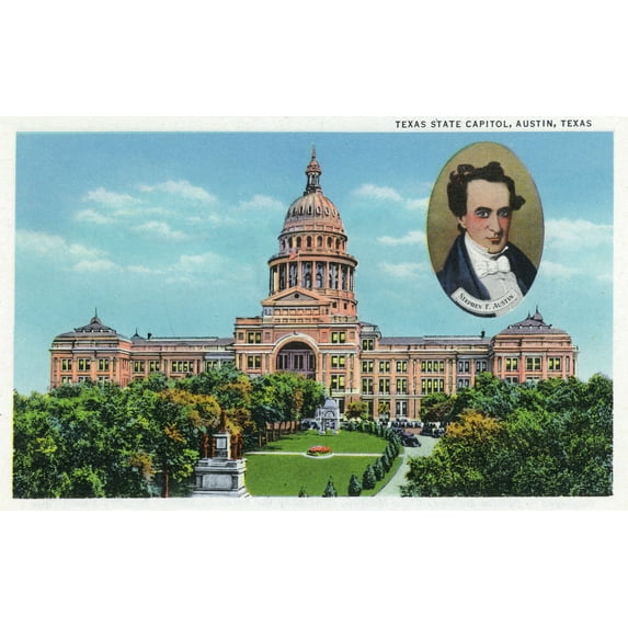 Austin, Texas, Exterior View of the State Capitol Building; Portrait of Stephen F. Austin (9x12 Wall Art Print, Home Decor)