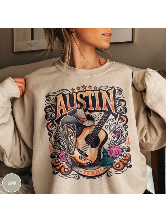 Austin Texas Guitar and Cowboy Hat Graphic Crewneck Sweatshirt, Unisex Classic Fit, Cotton-Poly Fleece, 271 GSM