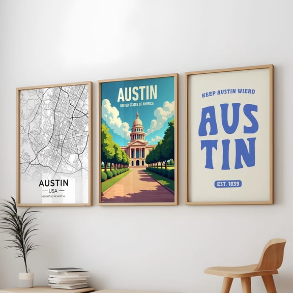 Austin Texas Map Capitol Building Keep Austin Weird Set 3 Stretched Canvas 8x12