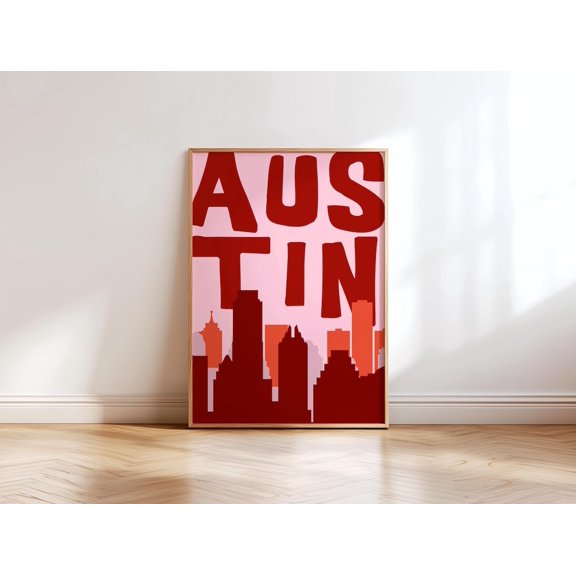 Austin Texas Poster Funky Retro Wall Art Dopamine Decor Pink and Red Sign 6, Unframed Paper Poster 8x10in