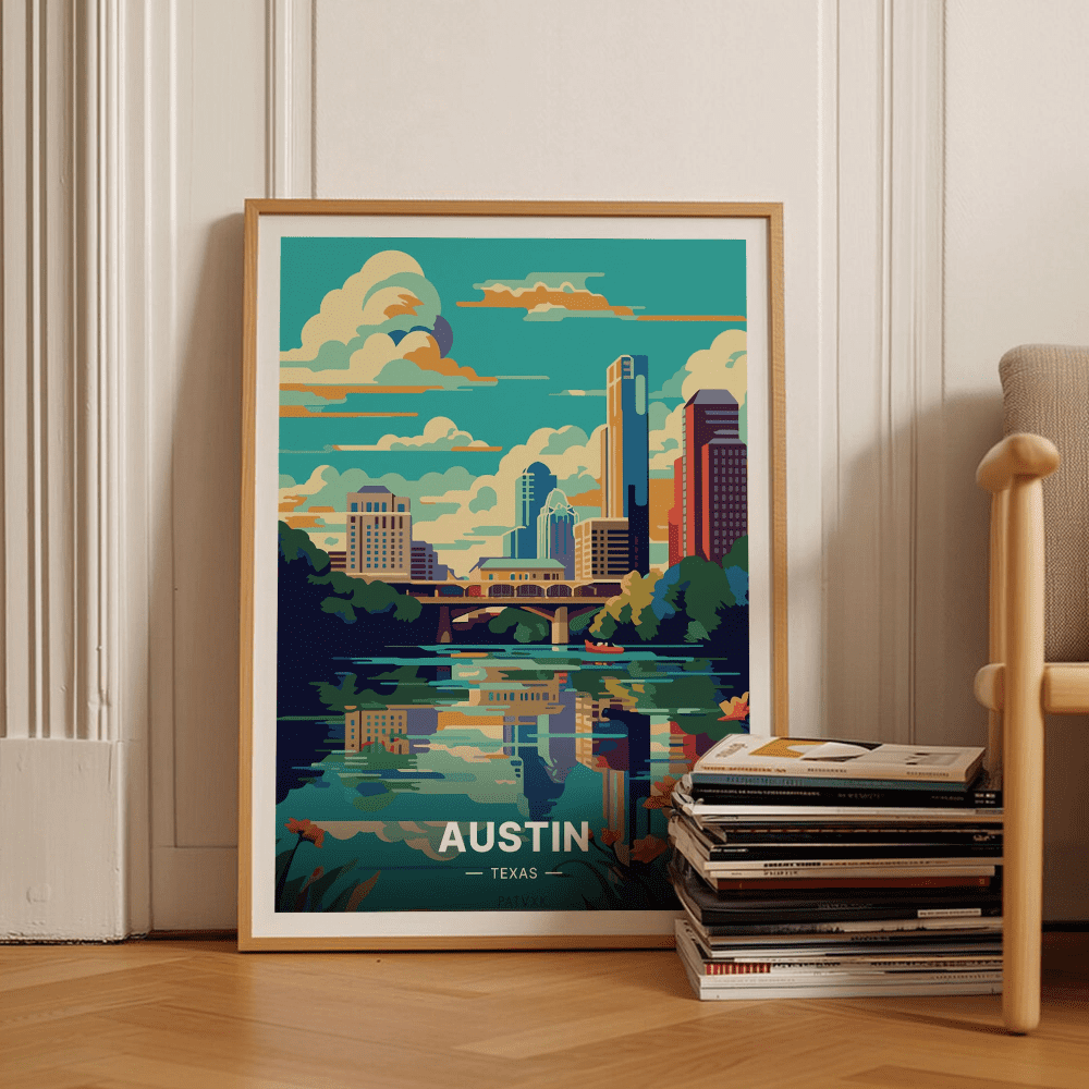 Austin Texas Retro Mid Century Modern Travel Poster, Cityscape Wall Art ...