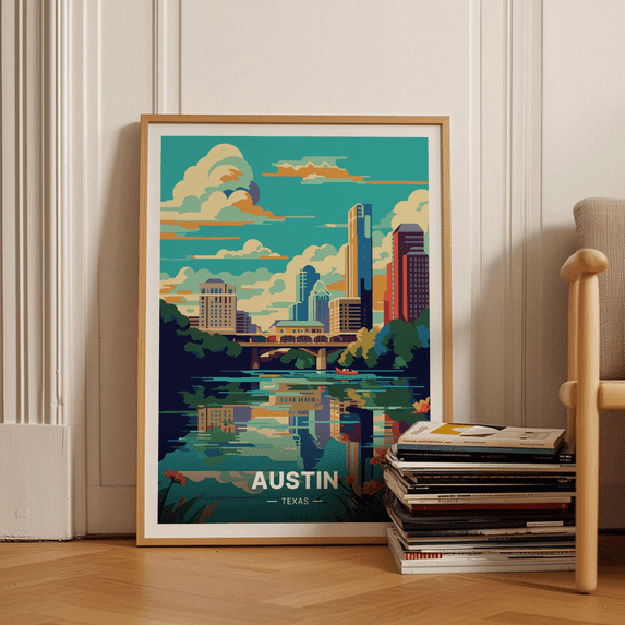 Austin Texas Retro Mid Century Modern Travel Poster, Cityscape Wall Art ...