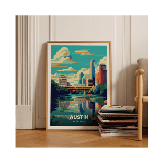 Austin Texas Retro Mid Century Modern Travel Poster Cityscape Wall Art Home Decor Office Wall Art