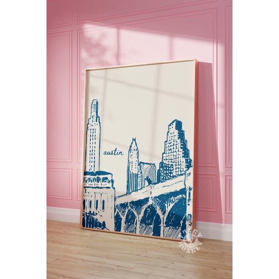 Austin Texas Retro Navy City Sketch Wall Art Unframed Paper Print