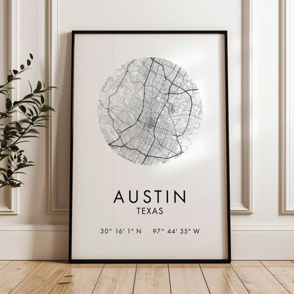 Austin Texas Street Map Print With GPS Modern Typography Wall Decor