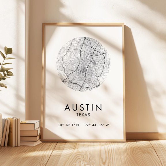 Austin Texas Street Map Print With Gps Coordinates: Clean Minimalist Design