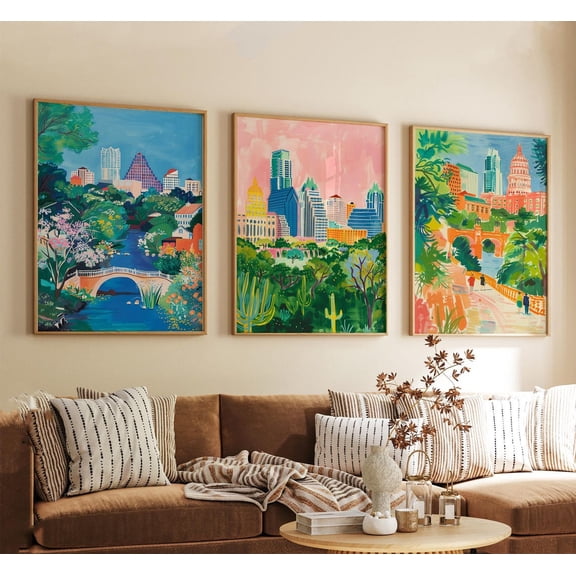 Austin Texas Travel Wall Art Vintage Style Minimalist Usa City Skyline Artwork Retro Illustration Set 3 Unframed Paper Print