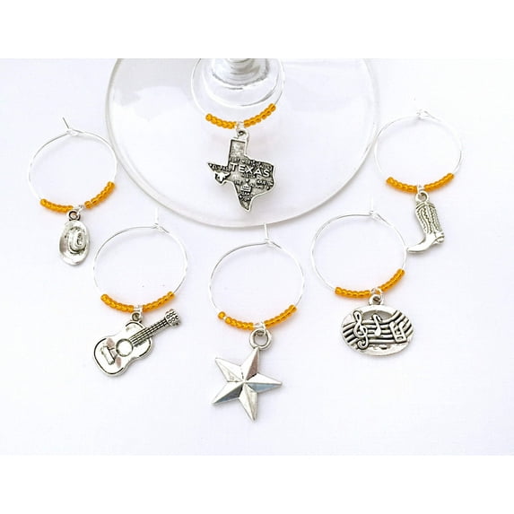 Austin Texas Wine Charms: Texas Music Lovers gift. Set of 6 Wine Glass Identifiers (State of Texas, Cowboy Hat, Guitar, Texas Star, and Music Notes)