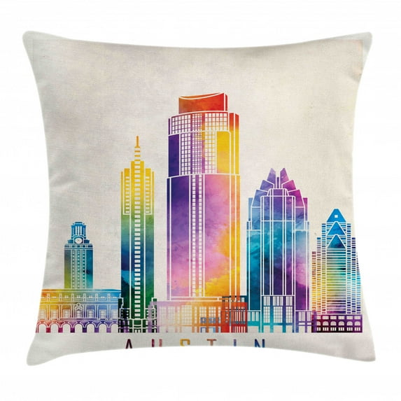 Austin Throw Pillow Cushion Cover, Outlined Monuments Skylines of Texas Blended Rainbow Watercolor Ink Splatter Art, Decorative Square Accent Pillow Case, 18" X 18", Multicolor, by Ambesonne