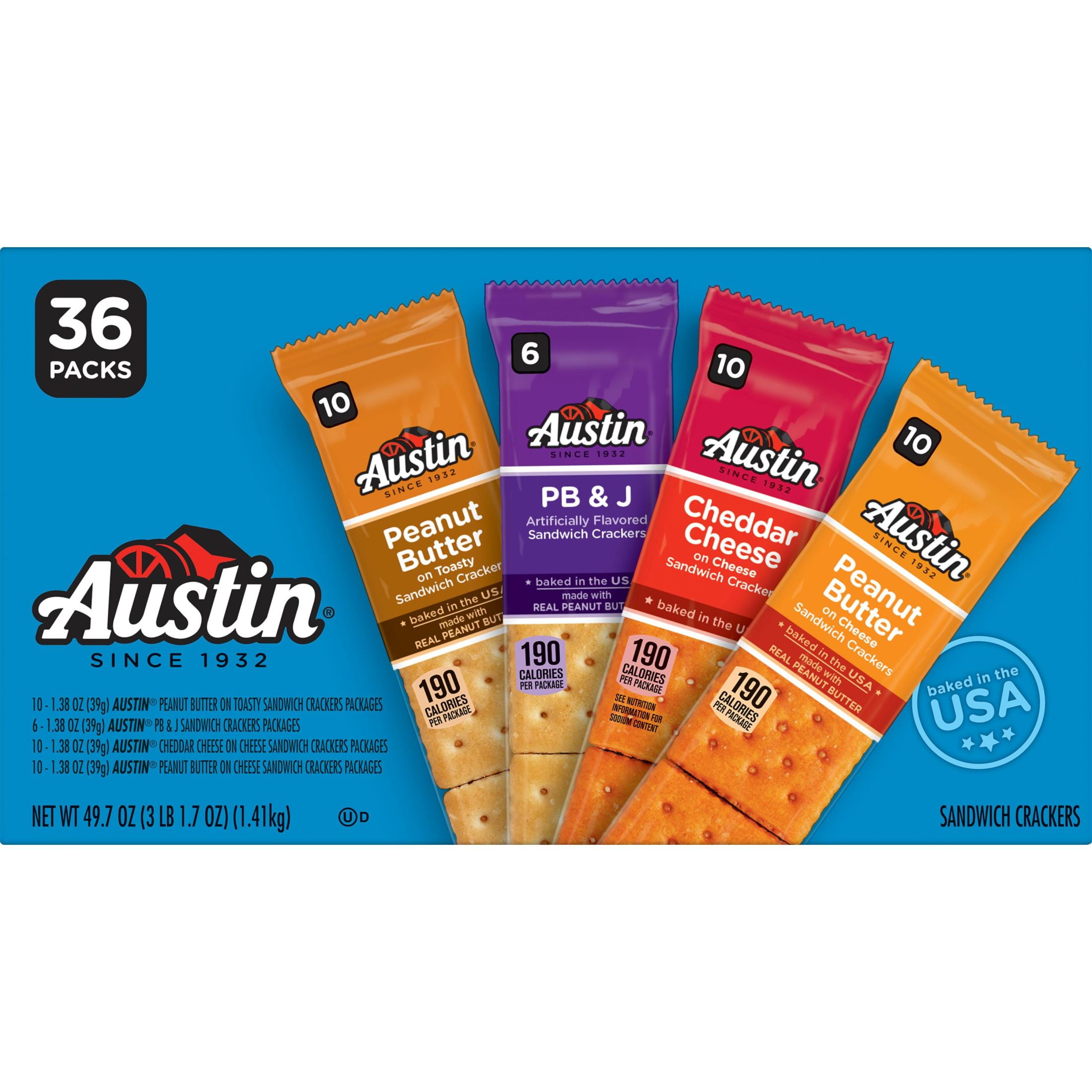 Austin Variety Pack Sandwich Crackers, 49.7 oz, 36 Count