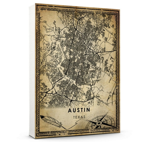 Austin Vintage Map Prints Canvas, Texas Map Art Canvas, Canvas, Austin Map City style Watercolor art Canvas