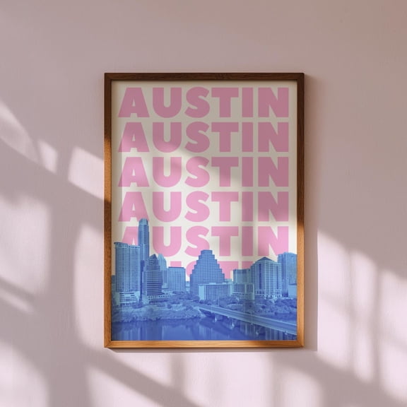 Austin Wall Art Texas Print Austin Skyline Print Preppy Tx Dorm Decor Blue Pink Austin Tx Cute Trendy Artwork Home Decor #654, Unframed Canvas Size 24x36