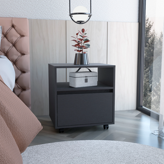 Austin Wenge Rolling Nightstand with Single Handle-Free Drawer & Open Storage Shelf, Laminated Particle Board Mobile Side End Table for Bedroom Office