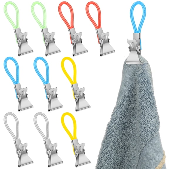 Austok 10 Pcs Tea Towel Clip Metal and Plastic Tea Towel Storage Clip with Hanging Loop Small Hook Clips for Bedroom Bathroom Kitchen Cupboard