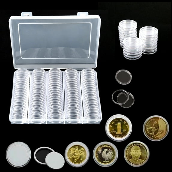 Austok 100 Pieces 30mm Silver Coin Holder Clear Coin Capsules Storage Container Coin Case with Gasket and Plastic Storage Organizer Box for Coin Collection Supplies Coin Holders for Collectors