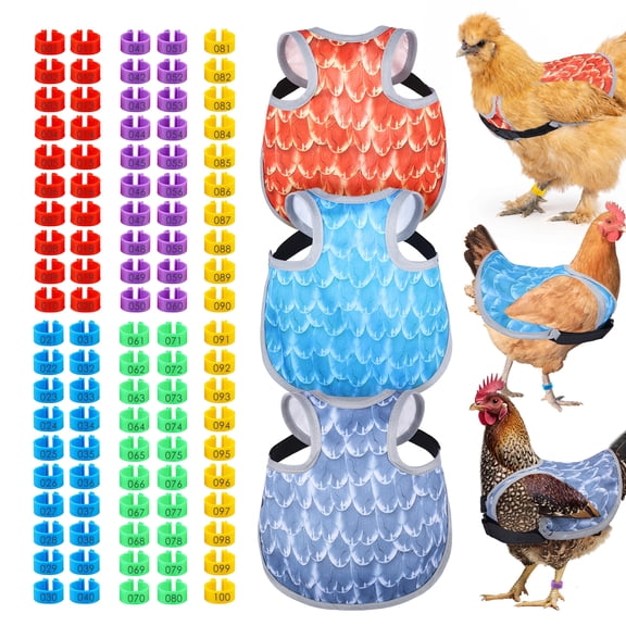 Austok 103Pcs Hen Saddle Apron with 100 Chicken Leg Band Waterproof Oxford Cloth Hen Vest Feather Protector Adjustable Chicken Vest Jacket for Poultry Duck Geese