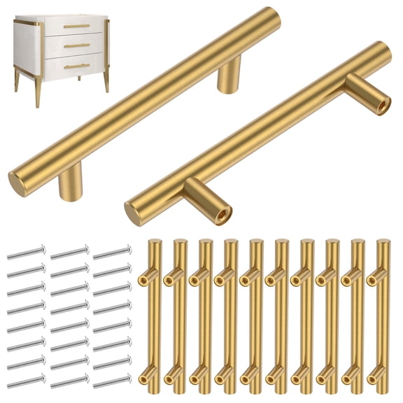 12 Pack Gold Cabinet Pulls, 3-3/4 Inch Hole Center Kitchen Cabinet Handles, Stainless Steel T-Bar Drawer Pulls for Cupboard and Dresser, 6 Inch Overall Length