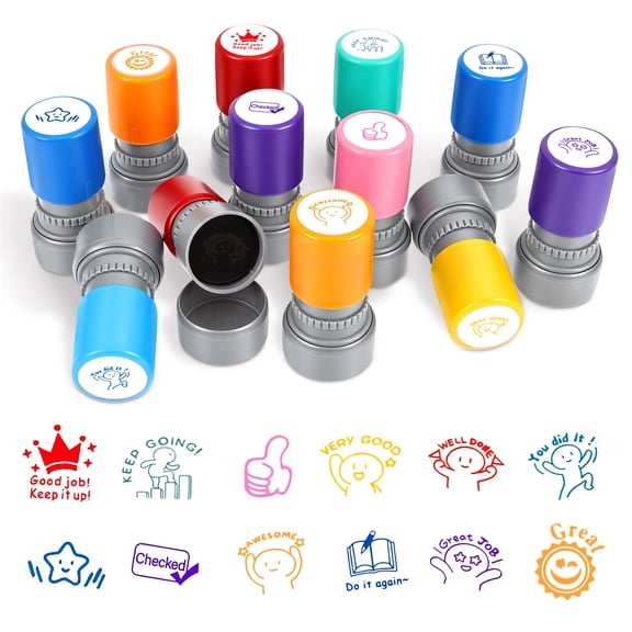 Austok 12Pcs Teacher Stamp Set Teacher Stamps for Classroom Self Inking Motivation Stamps Adorable Cartoon Personalized Seals for Student Grading Encouragement