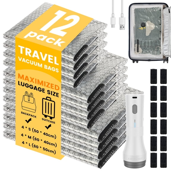 Austok 12Pcs Travel Vacuum Storage Bag 3 Size Reusable Space Saver Vacuum Seal Packing Bag with Cordless Electric Pump for Backpack Luggage Suitcase Clothes