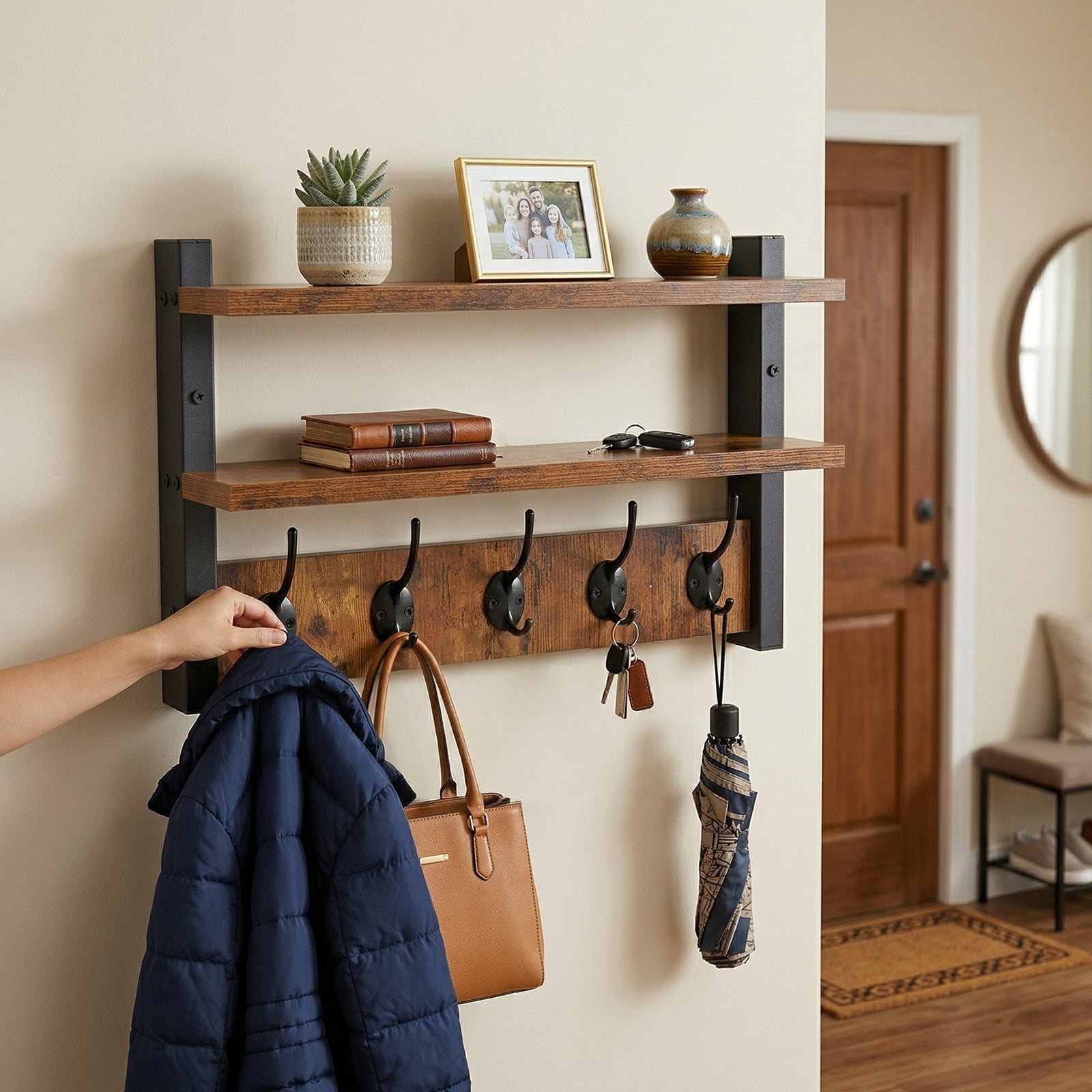 Austok 16.34inch Coat Rack Wall Mount with Shelf 2 in 1 Wood Coat Rack ...