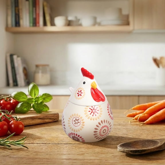 Austok 17 Oz Ceramic Chicken Salt Cellar With Lid and Spoon Ceramic Rooster Shape Spice Jars for Salt Sugar Coffee Countertop