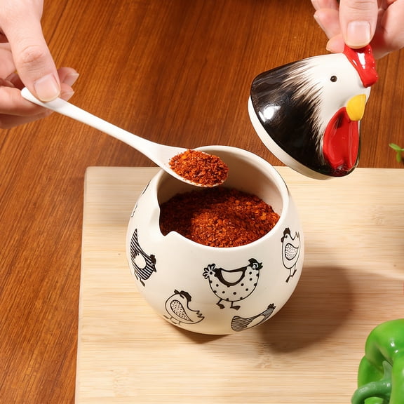 Austok 17 Oz Ceramic Chicken Salt Cellar With Lid and Spoon Ceramic Rooster Shape Spice Jars for Salt Sugar Coffee Countertop