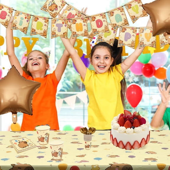 Austok 177Pcs Capybara Birthday Decorations Tableware Set Cute Animal Theme Birthday Decor with Banner Balloons Plates for Party Baby Shower