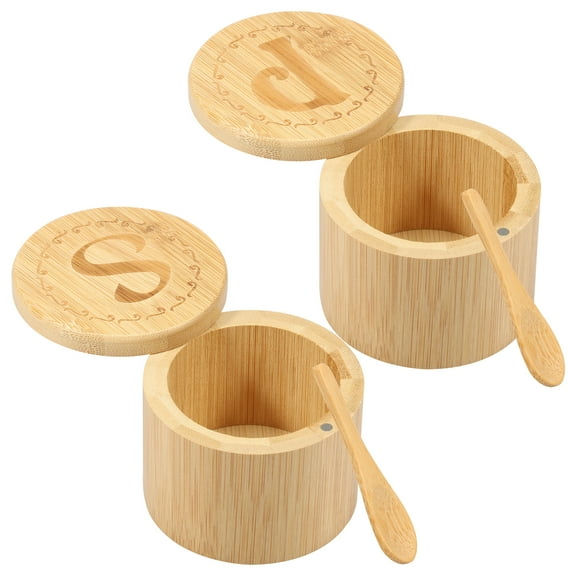 Austok 2 PCS Bamboo Salt Cellar Set with Magnetic Lid Bamboo Salt and Pepper Bowls with Spoon Practical Salt and Spice Container Clear Marking Spice Cellar Bamboo Salt Box for Home