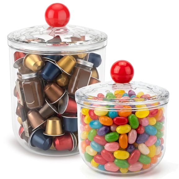 Austok 2 Pack Candy Jars with Lids 49oz & 31oz Clear Plastic Cookie Storage Containers Airtight Snacks Canisters Organizer for Kitchen Home Pantry Office Party Sugar Tea Coffee