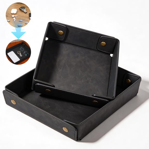Austok 2 Pcs Holiday Present PU Leather Valet Tray Organizer for Men Nightstand Tray for Entryway Table Key Wallet Watch Coin Change Phone Dresser Jewelry Bedside Desktop
