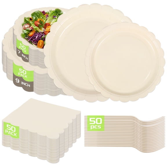 Austok 200 Piece Scalloped Tableware Set Party Supplies Solid Colour Dinnerware with Paper Plate Napkin and Fork for Tea Party Serves 50